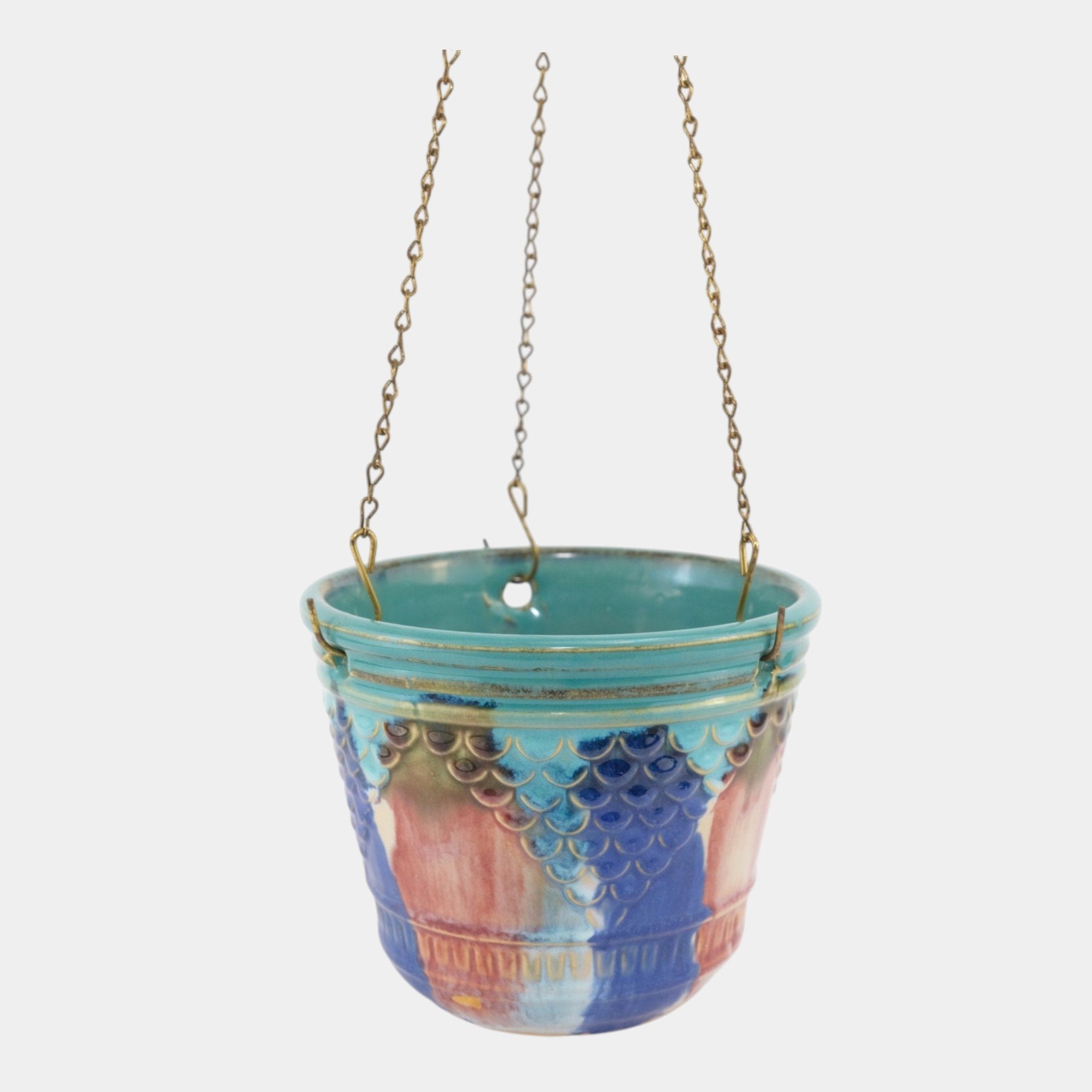 stoneware hanging planter Hull Early Art Vintage Pottery 1920s Stoneware Hanging Basket With Chain