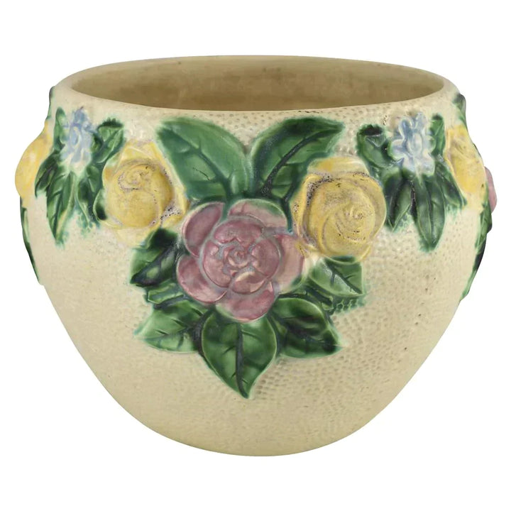 Roseville Rozane 1917 Antique Art Pottery Ivory Floral Jardiniere Planter 588-10 - Just Art Pottery