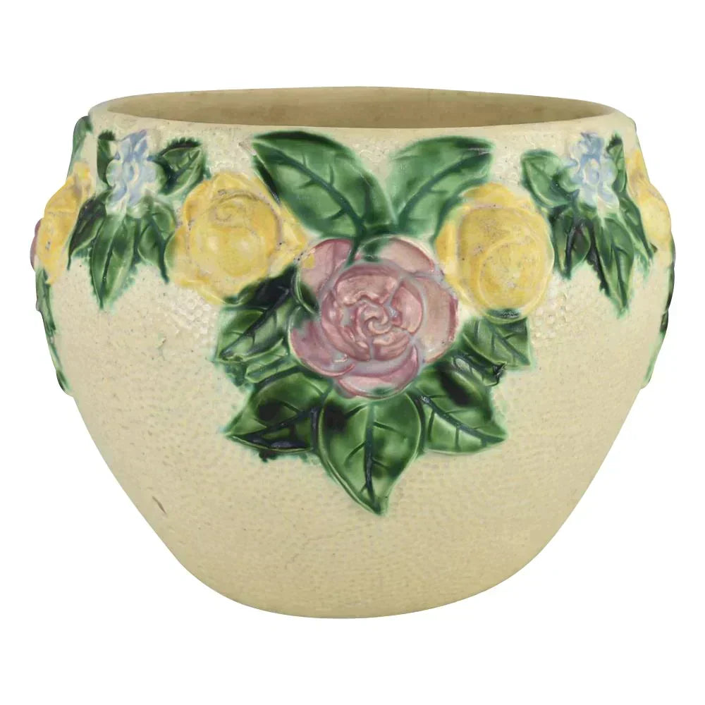 Roseville Rozane 1917 Antique Art Pottery Ivory Floral Jardiniere Planter 588-10 - Just Art Pottery