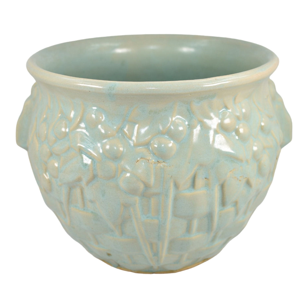 McCoy 1930s Art Pottery Green Basket Weave And Berries Jardiniere Planter 38 - Just Art Pottery