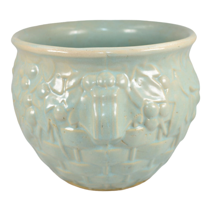 McCoy 1930s Art Pottery Green Basket Weave And Berries Jardiniere Planter 38 - Just Art Pottery