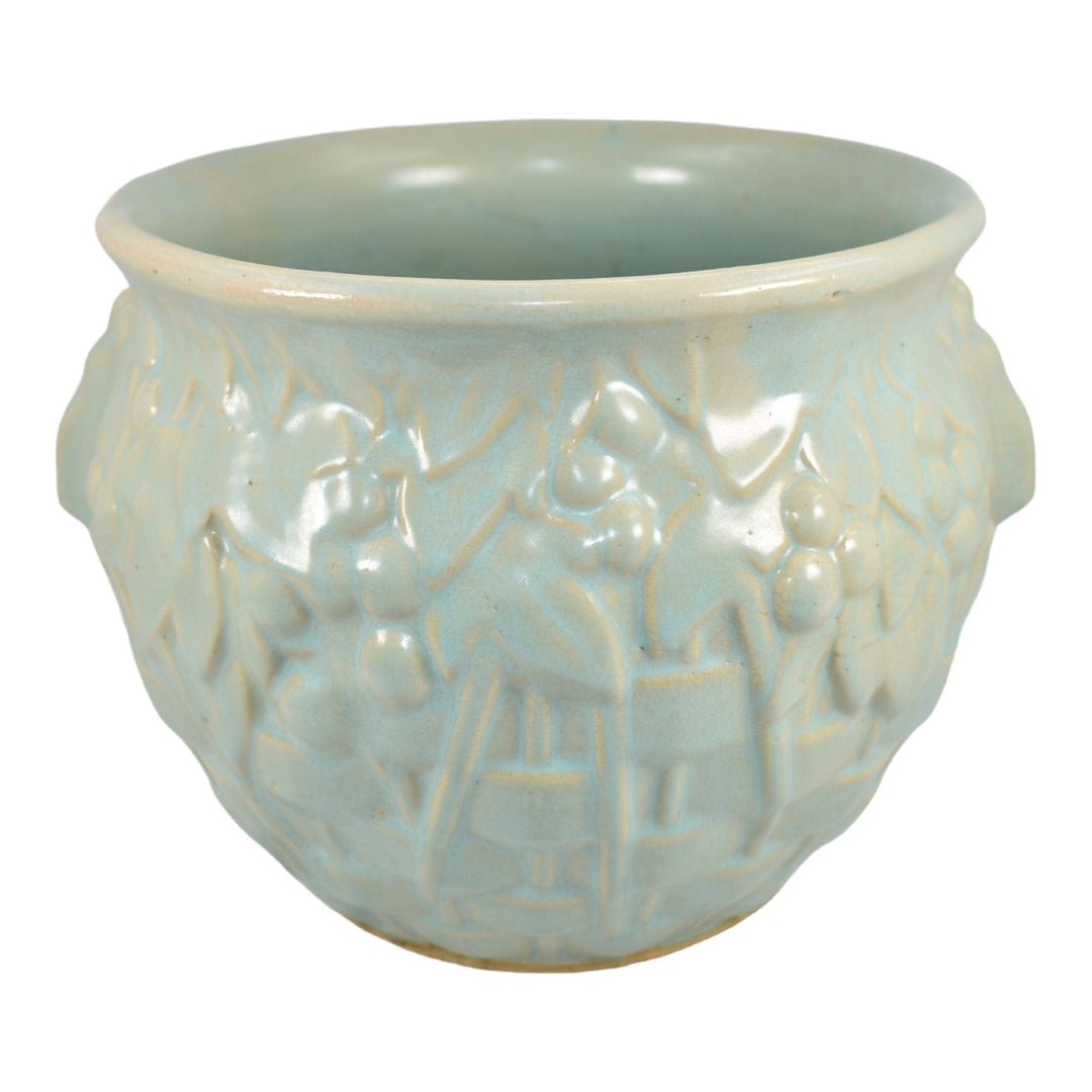 McCoy 1930s Art Pottery Green Basket Weave And Berries Jardiniere Planter 38 - Just Art Pottery