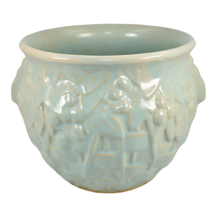McCoy 1930s Art Pottery Green Basket Weave And Berries Jardiniere Planter 38 - Just Art Pottery