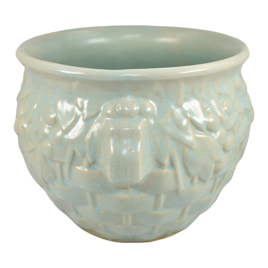 McCoy 1930s Art Pottery Green Basket Weave And Berries Jardiniere Planter 38 - Just Art Pottery