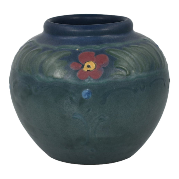 Weller Hudson 1920s Vintage Art Pottery Red Flowers Blue Bulbous Ceramic Vase