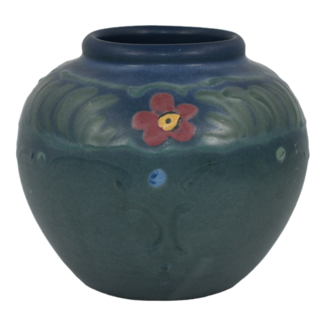 Weller Hudson 1920s Vintage Art Pottery Red Flowers Blue Bulbous Ceramic Vase