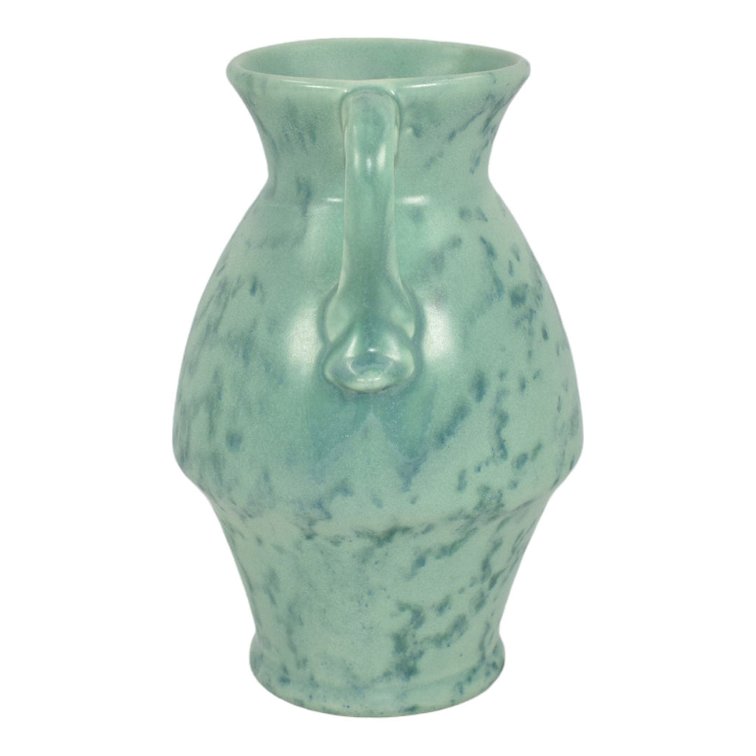 Rumrill 1930s Vintage Art Deco Pottery Mottled Green Ceramic Handled Vase 287