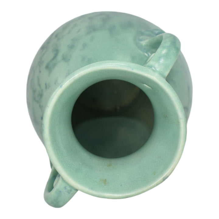 Rumrill 1930s Vintage Art Deco Pottery Mottled Green Ceramic Handled Vase 287