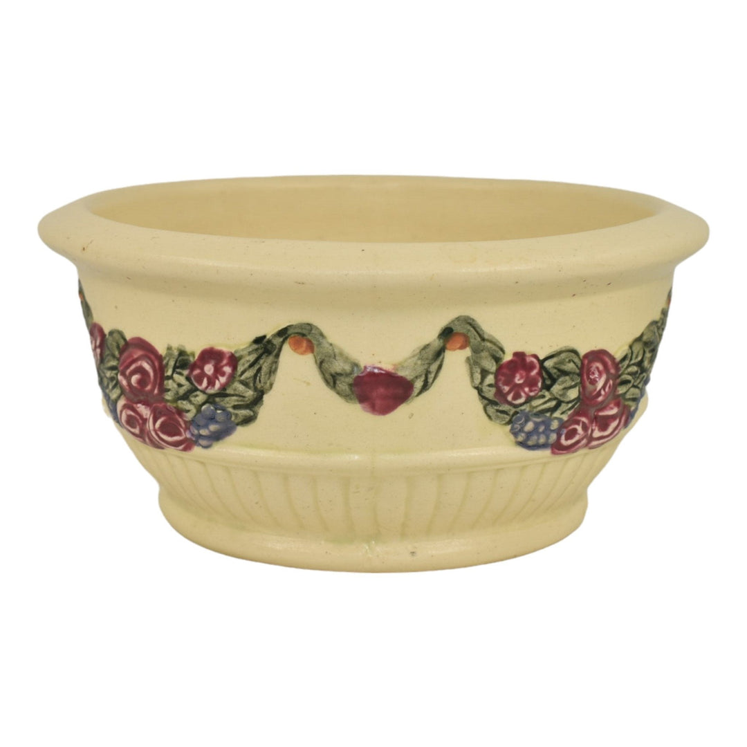 Weller Roma 1910-20s Vintage Art Pottery Floral Garland Ivory Planter Bowl