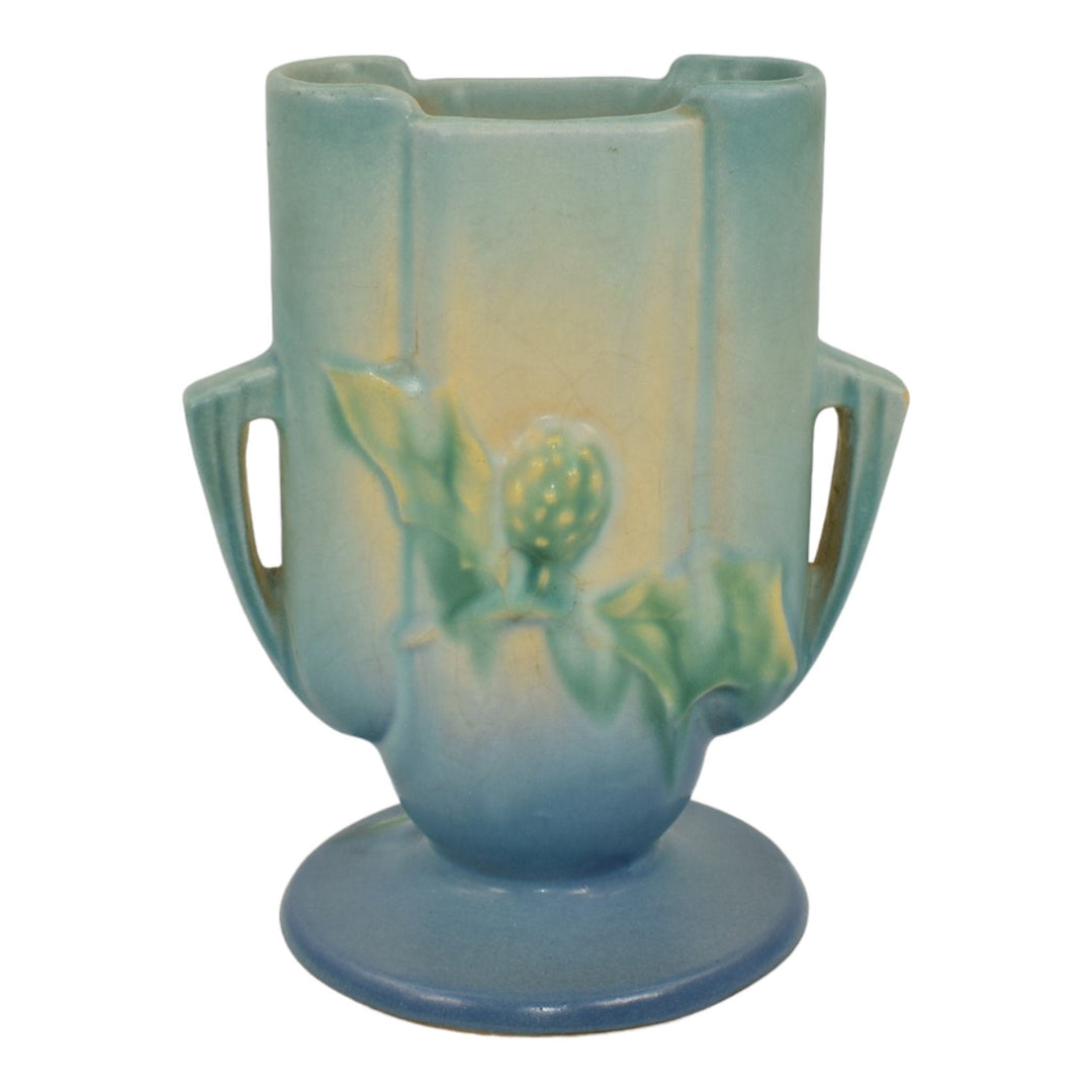 Roseville Thornapple Blue 1937 Art Deco Pottery Ceramic Flower Pillow Vase 812-6