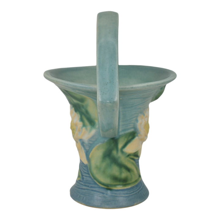 Roseville Water Lily Blue 1943 Mid Century Modern Pottery Ceramic Basket 380-8 - Just Art Pottery