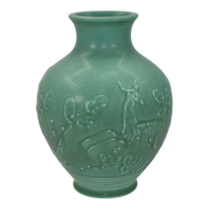 Rookwood 1928 Art Deco Pottery Green Ceramic Frolicking Deer Vase 6053