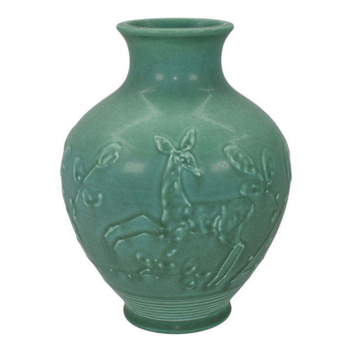 Rookwood 1928 Art Deco Pottery Green Ceramic Frolicking Deer Vase 6053