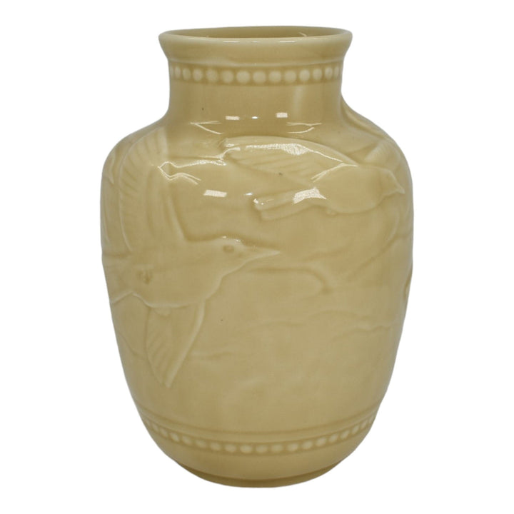 Rookwood 1948 Mid Century Modern Pottery Birds In Flight Tan Porcelain Vase 6486 - Just Art Pottery