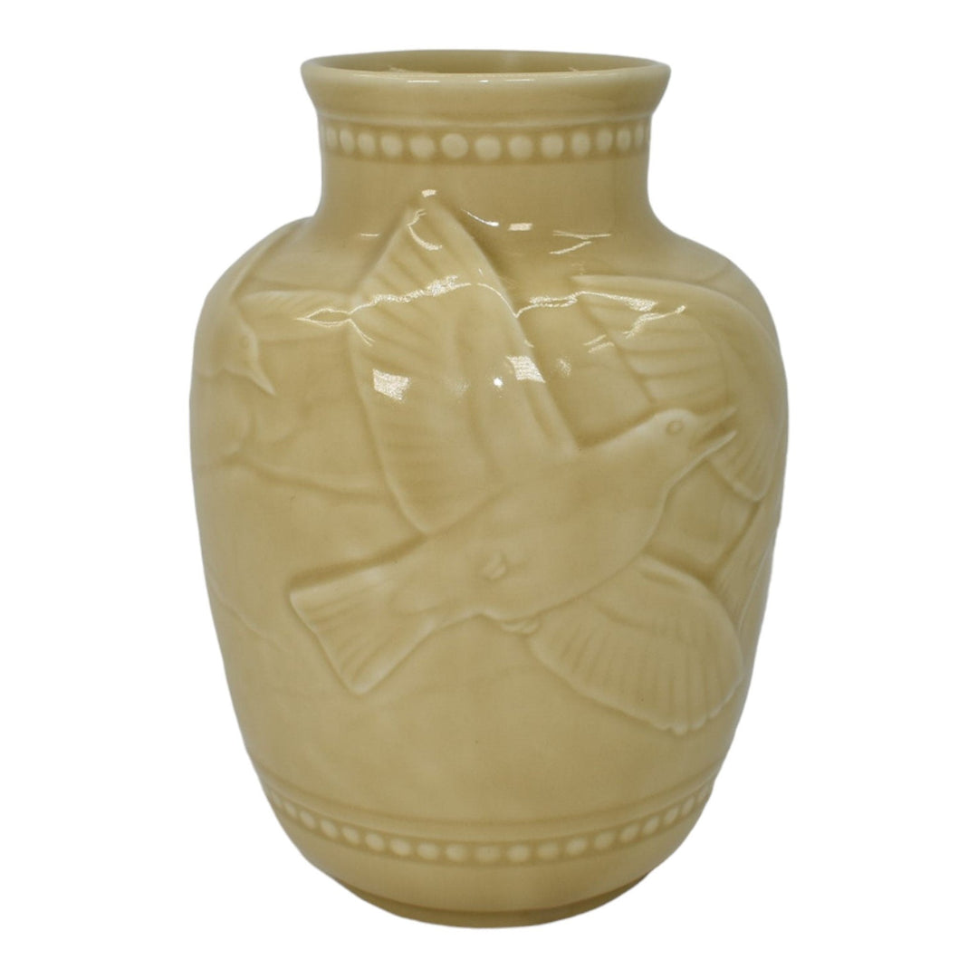 Rookwood 1948 Mid Century Modern Pottery Birds In Flight Tan Porcelain Vase 6486 - Just Art Pottery
