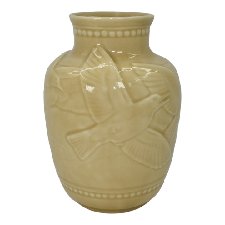 Rookwood 1948 Mid Century Modern Pottery Birds In Flight Tan Porcelain Vase 6486 - Just Art Pottery