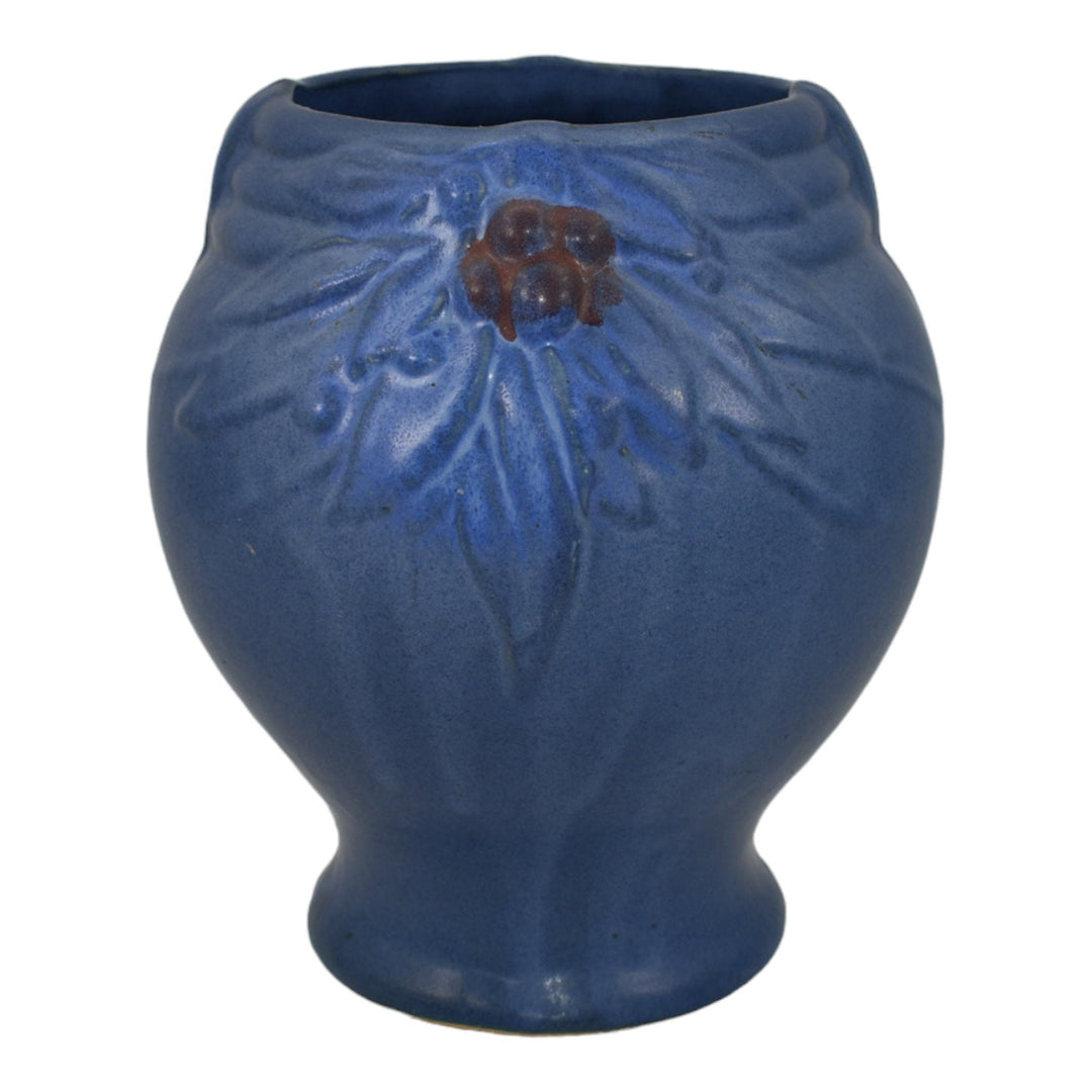 McCoy 1930s Art Pottery Berries And Leaves Blue Ceramic Vase Shape 10 - Just Art Pottery