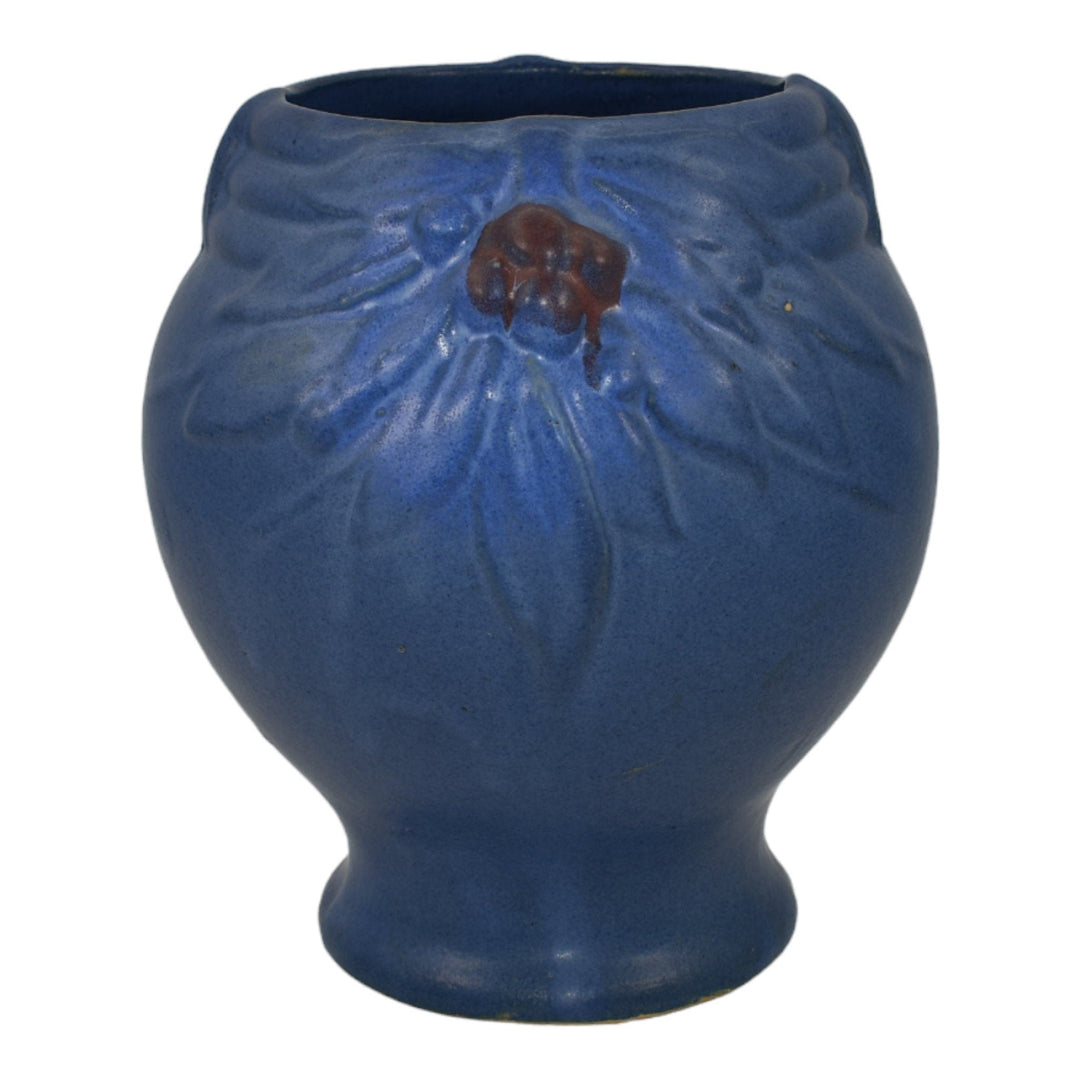 McCoy 1930s Art Pottery Berries And Leaves Blue Ceramic Vase Shape 10 - Just Art Pottery