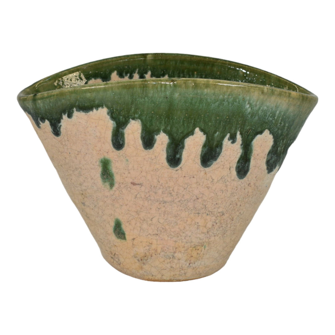North State Pottery Sanford NC Vintage Hand Made Pottery Green Tan Pillow Vase - Just Art Pottery