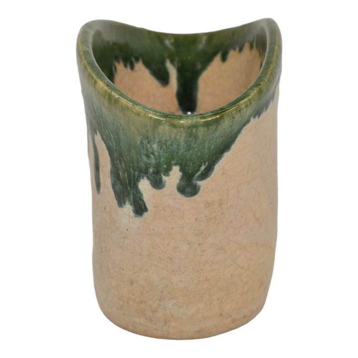 North State Pottery Sanford NC Vintage Hand Made Pottery Green Tan Pillow Vase - Just Art Pottery
