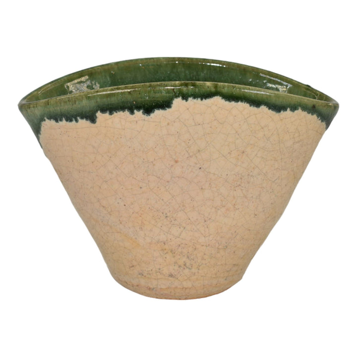 North State Pottery Sanford NC Vintage Hand Made Pottery Green Tan Pillow Vase - Just Art Pottery