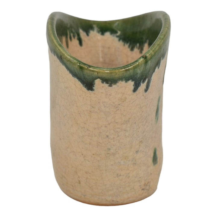 North State Pottery Sanford NC Vintage Hand Made Pottery Green Tan Pillow Vase - Just Art Pottery