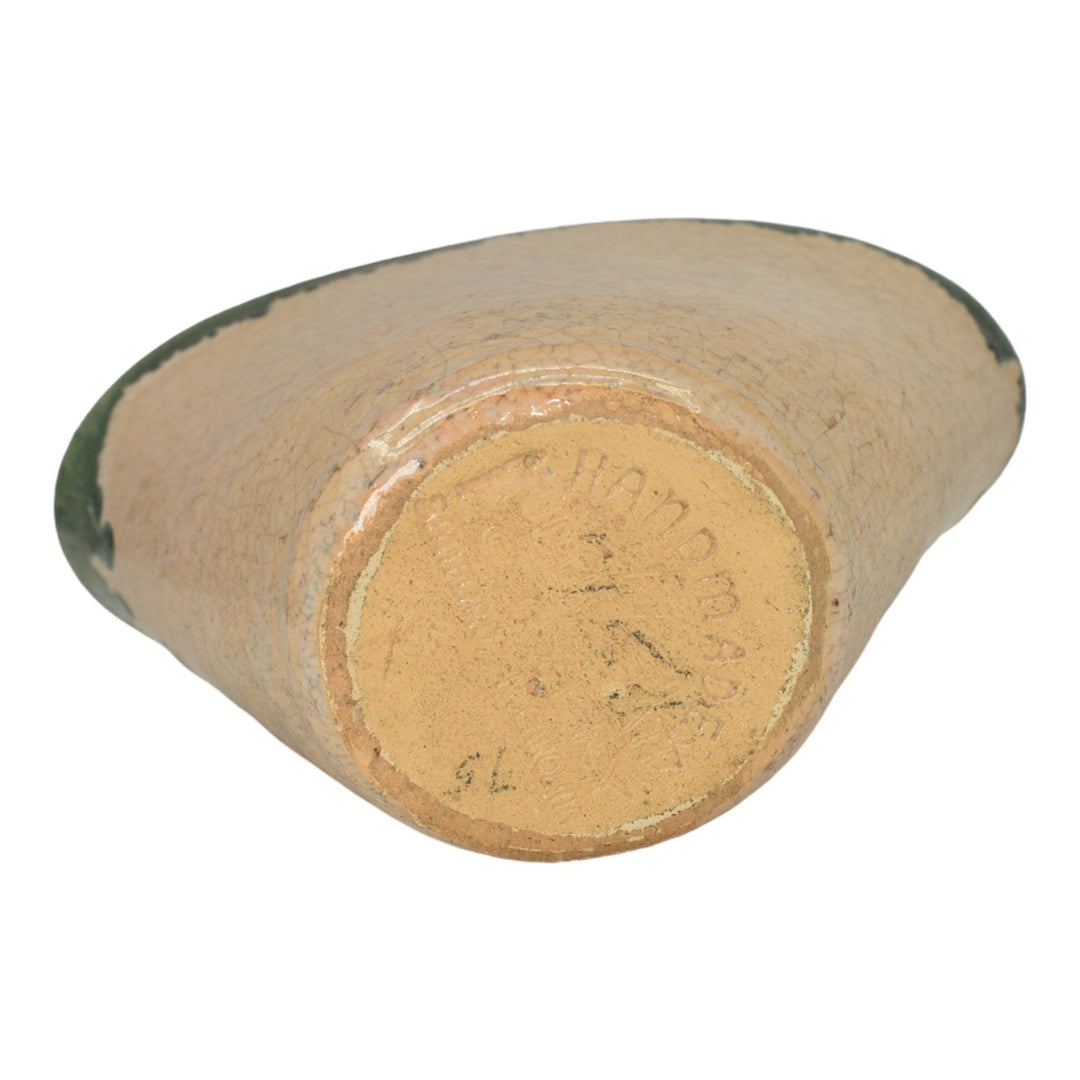 North State Pottery Sanford NC Vintage Hand Made Pottery Green Tan Pillow Vase - Just Art Pottery