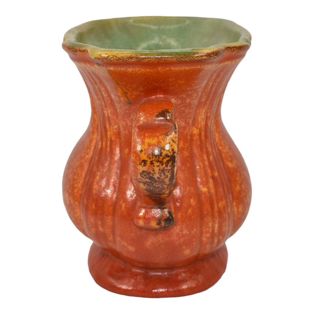 Stangl Vintage Art Pottery Orange Uranium Green Two Handled Ceramic Vase - Just Art Pottery