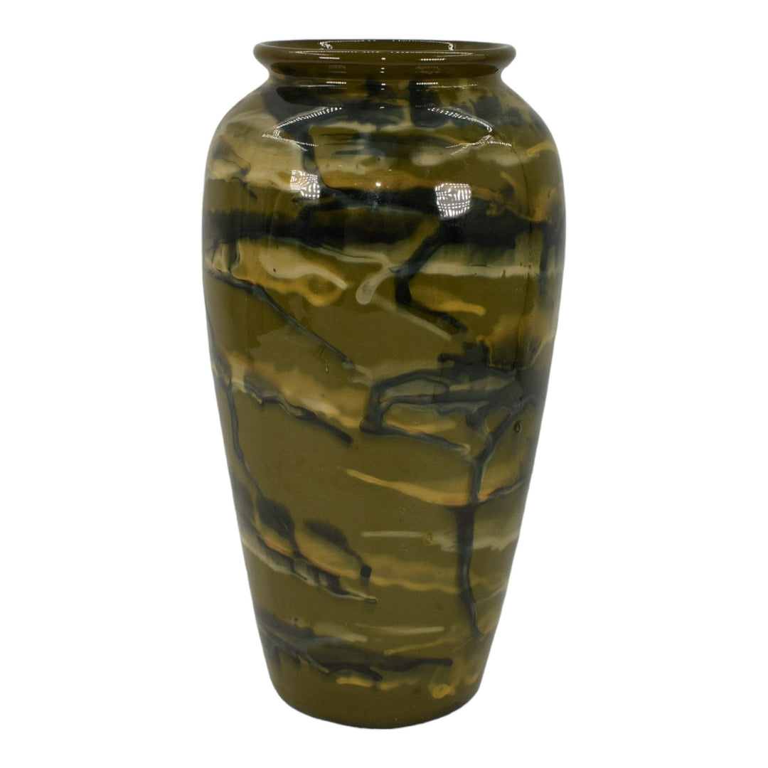 Peters and Reed Marbelized 1920s Art Pottery Green Blue Yellow Ceramic Vase 50 - Just Art Pottery
