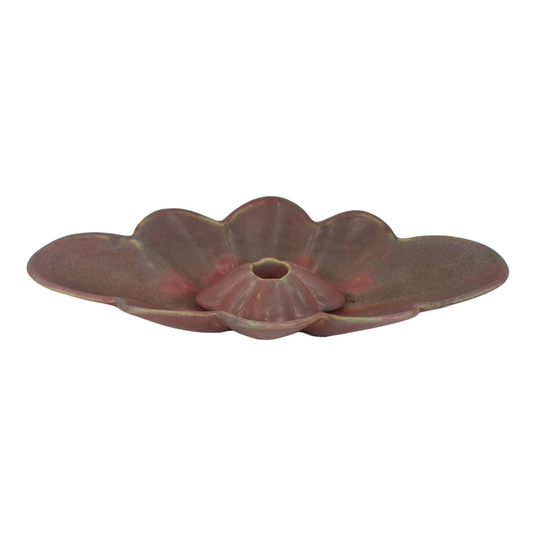 Muncie 1920s Art Deco Pottery Matte Green Over Rose Scalloped Bowl Candle Holder - Just Art Pottery