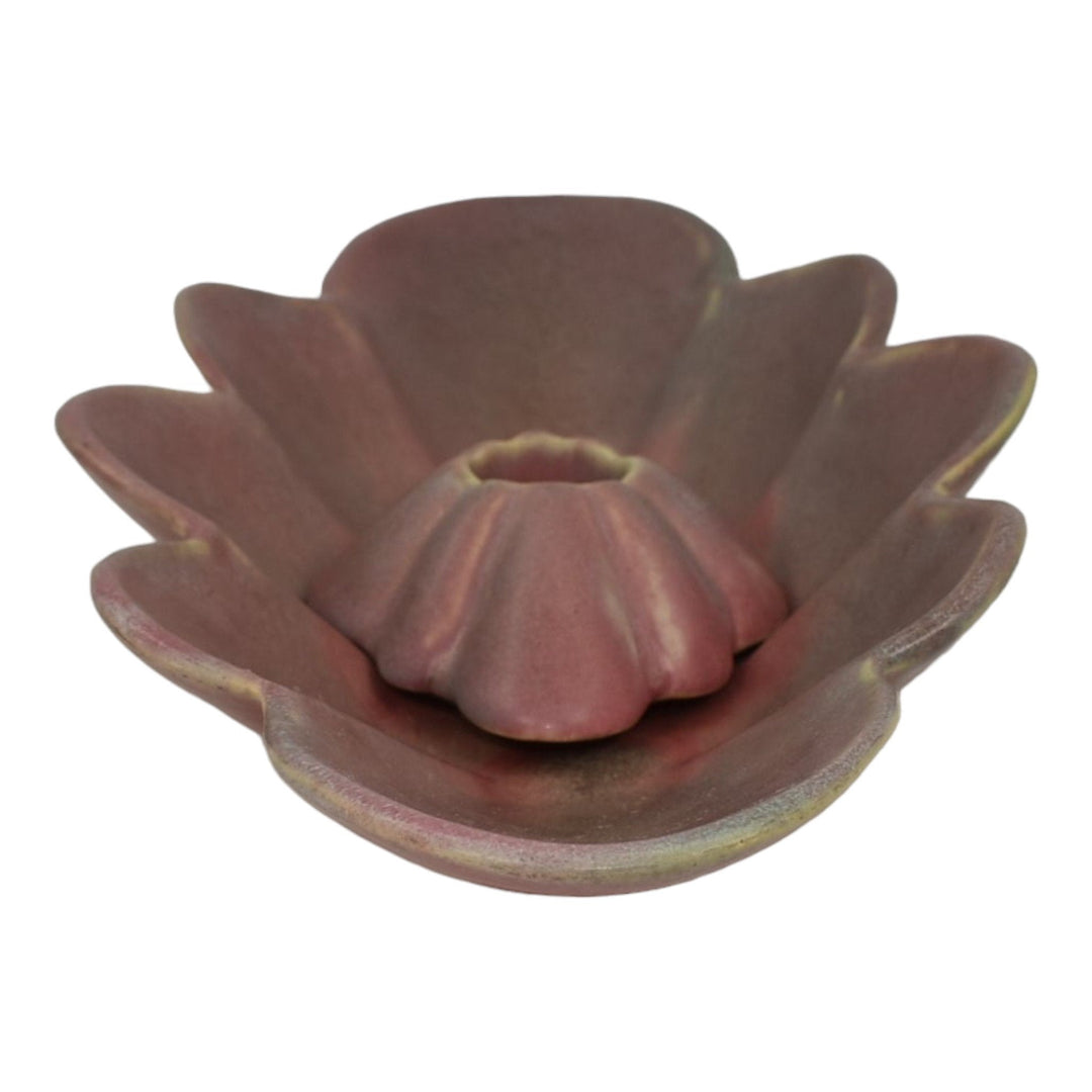 Muncie 1920s Art Deco Pottery Matte Green Over Rose Scalloped Bowl Candle Holder - Just Art Pottery