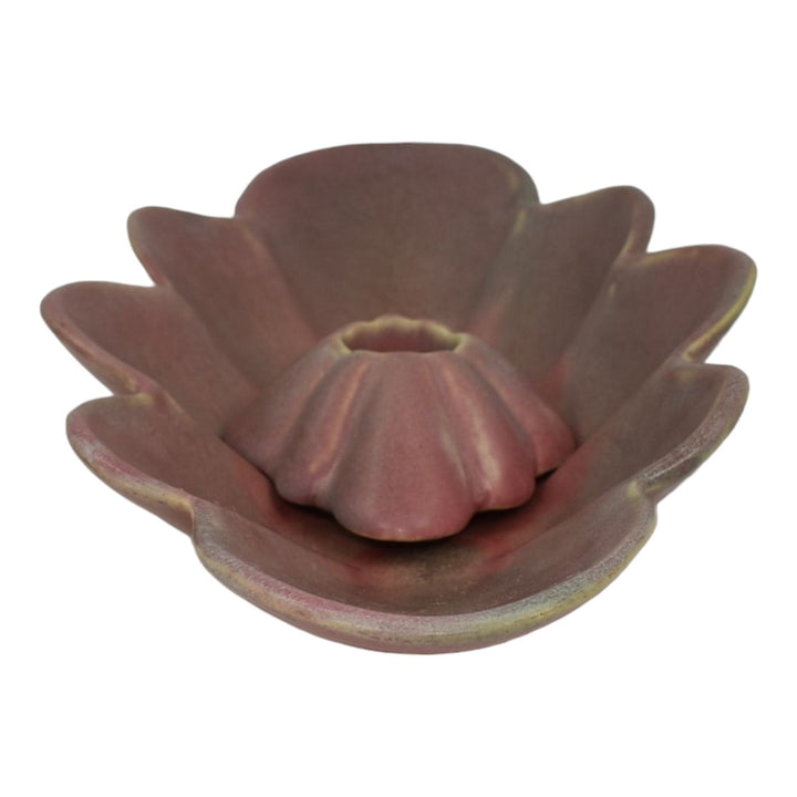 Muncie 1920s Art Deco Pottery Matte Green Over Rose Scalloped Bowl Candle Holder - Just Art Pottery