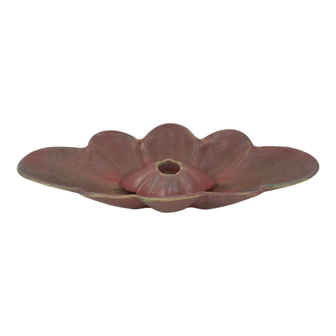 Muncie 1920s Art Deco Pottery Matte Green Over Rose Scalloped Bowl Candle Holder - Just Art Pottery