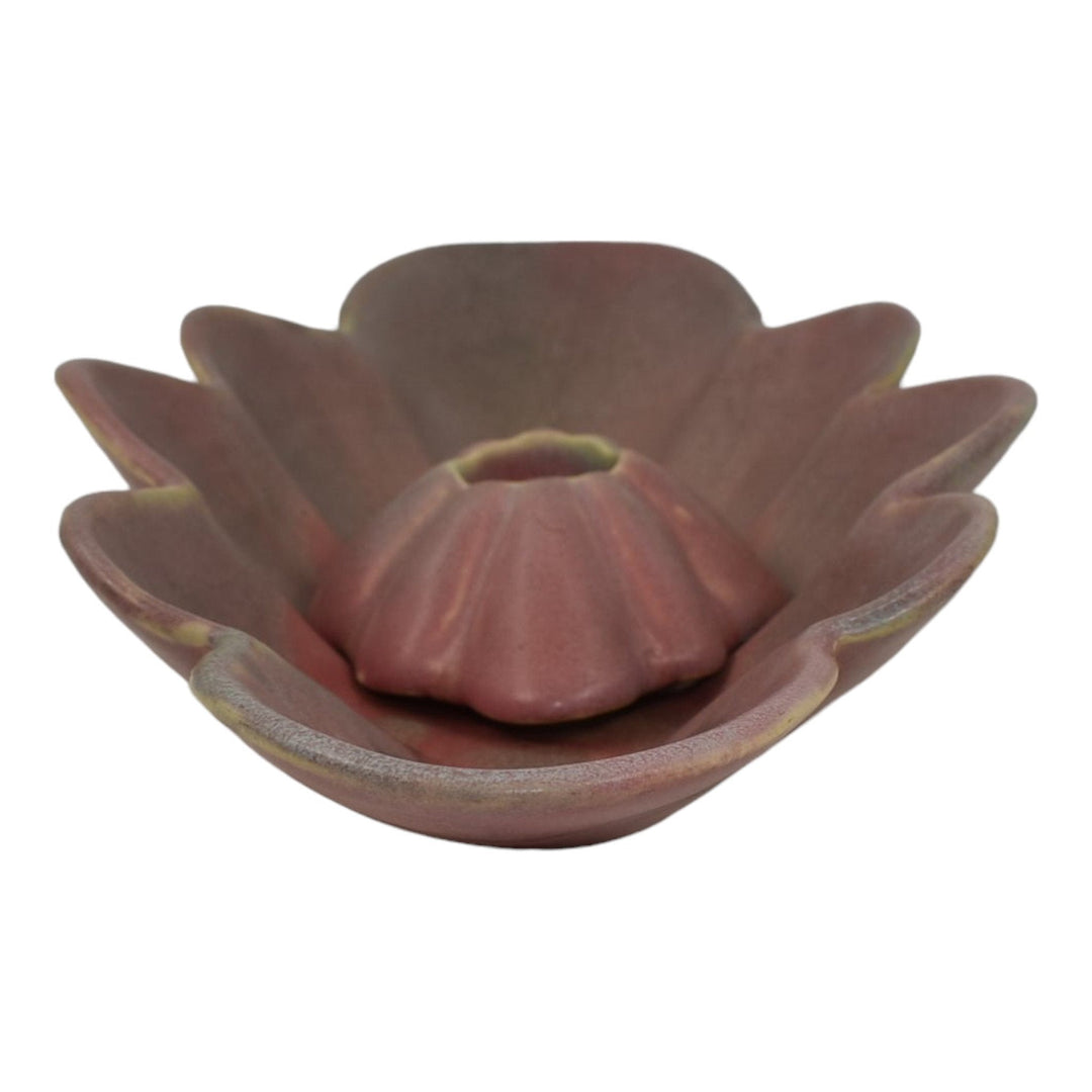Muncie 1920s Art Deco Pottery Matte Green Over Rose Scalloped Bowl Candle Holder - Just Art Pottery