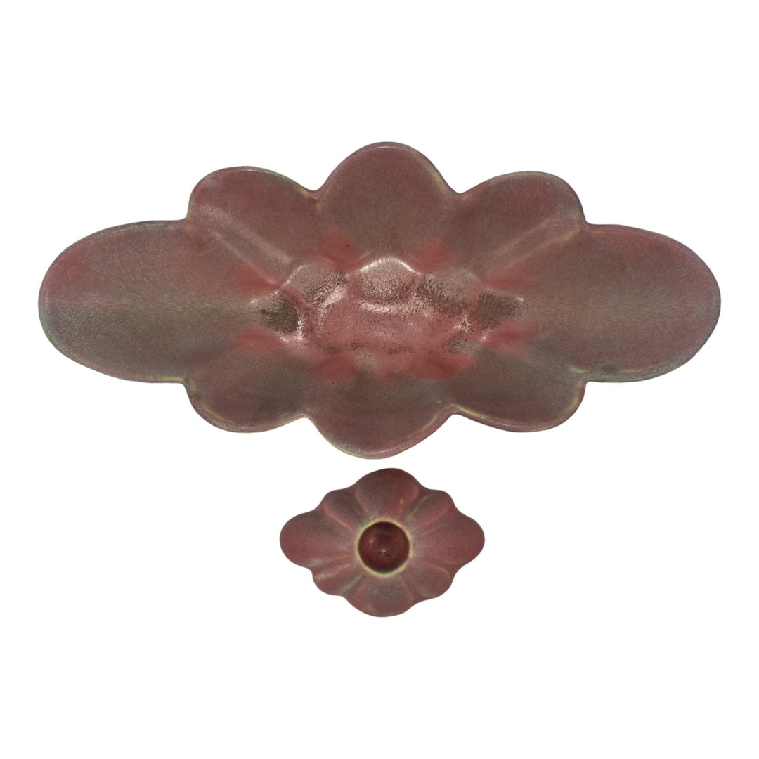 Muncie 1920s Art Deco Pottery Matte Green Over Rose Scalloped Bowl Candle Holder - Just Art Pottery