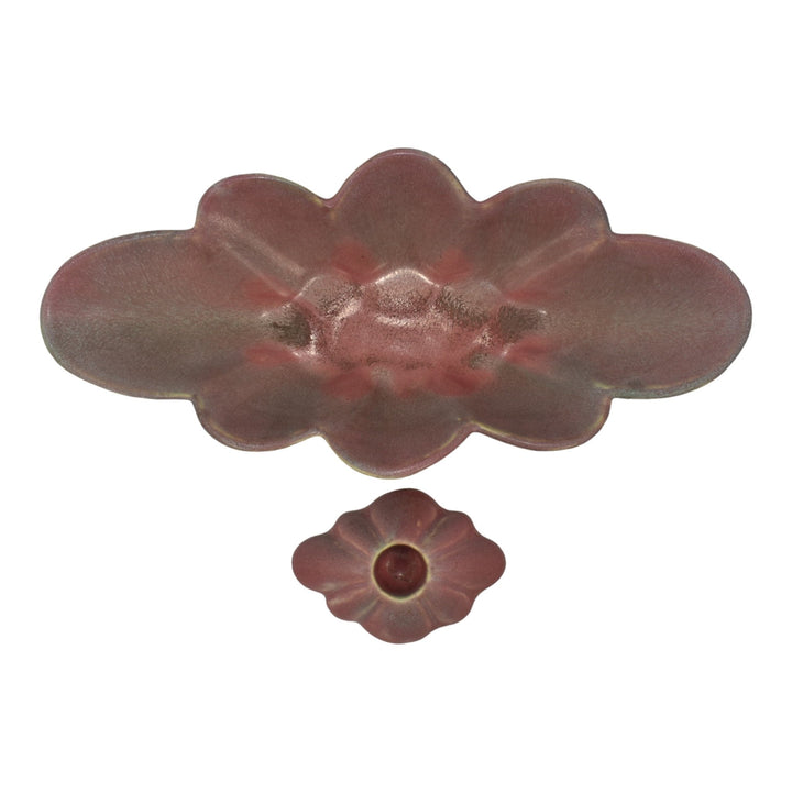 Muncie 1920s Art Deco Pottery Matte Green Over Rose Scalloped Bowl Candle Holder - Just Art Pottery