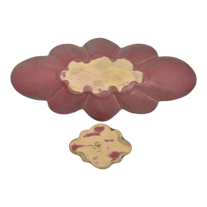 Muncie 1920s Art Deco Pottery Matte Green Over Rose Scalloped Bowl Candle Holder - Just Art Pottery