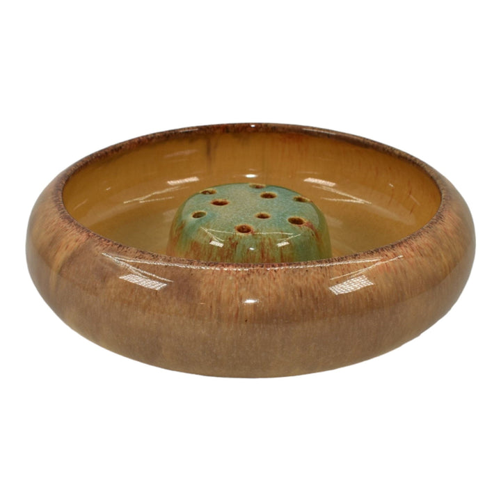 Muncie 1920s Vintage Art Deco Pottery Gloss Brown Ceramic Bowl And Flower Frog - Just Art Pottery