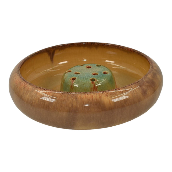 Muncie 1920s Vintage Art Deco Pottery Gloss Brown Ceramic Bowl And Flower Frog - Just Art Pottery