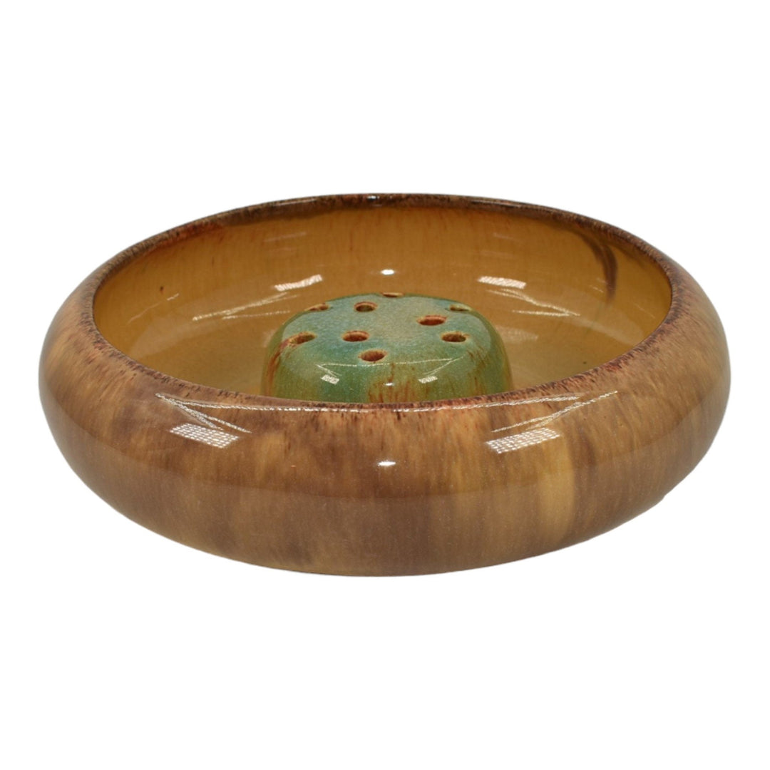 Muncie 1920s Vintage Art Deco Pottery Gloss Brown Ceramic Bowl And Flower Frog - Just Art Pottery