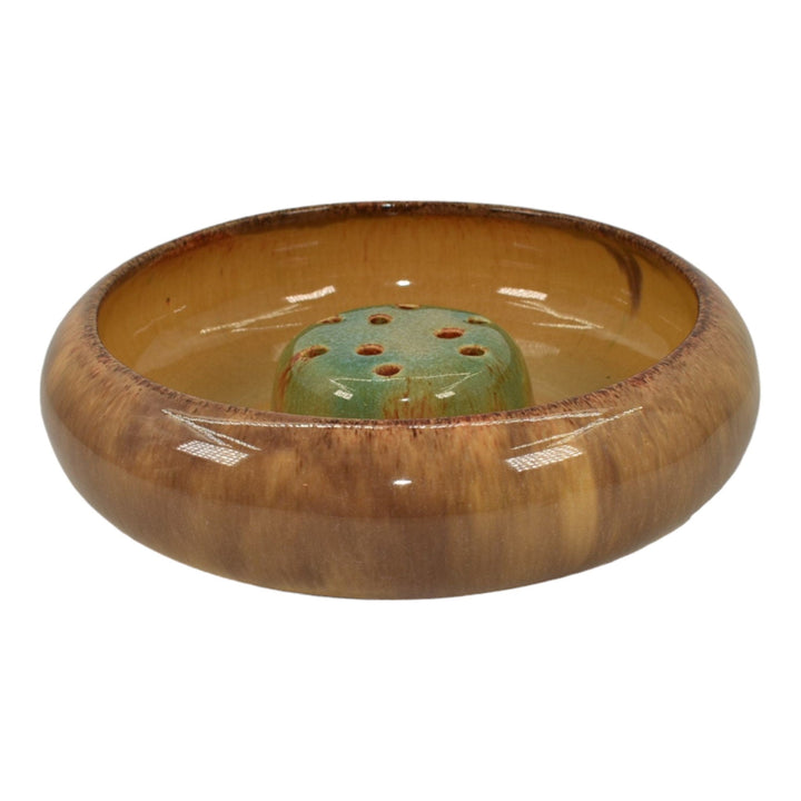 Muncie 1920s Vintage Art Deco Pottery Gloss Brown Ceramic Bowl And Flower Frog - Just Art Pottery