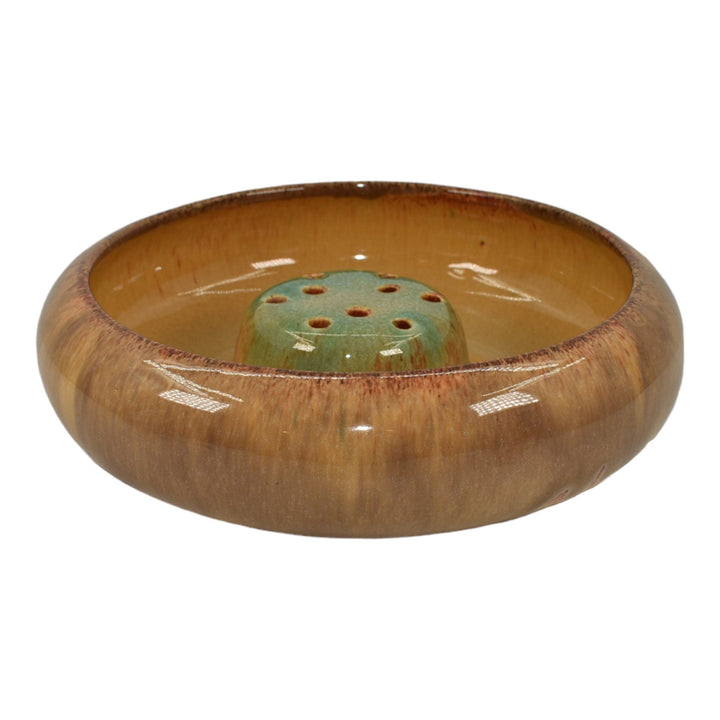 Muncie 1920s Vintage Art Deco Pottery Gloss Brown Ceramic Bowl And Flower Frog - Just Art Pottery