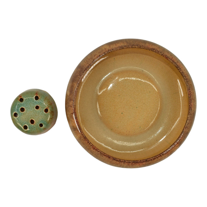 Muncie 1920s Vintage Art Deco Pottery Gloss Brown Ceramic Bowl And Flower Frog - Just Art Pottery