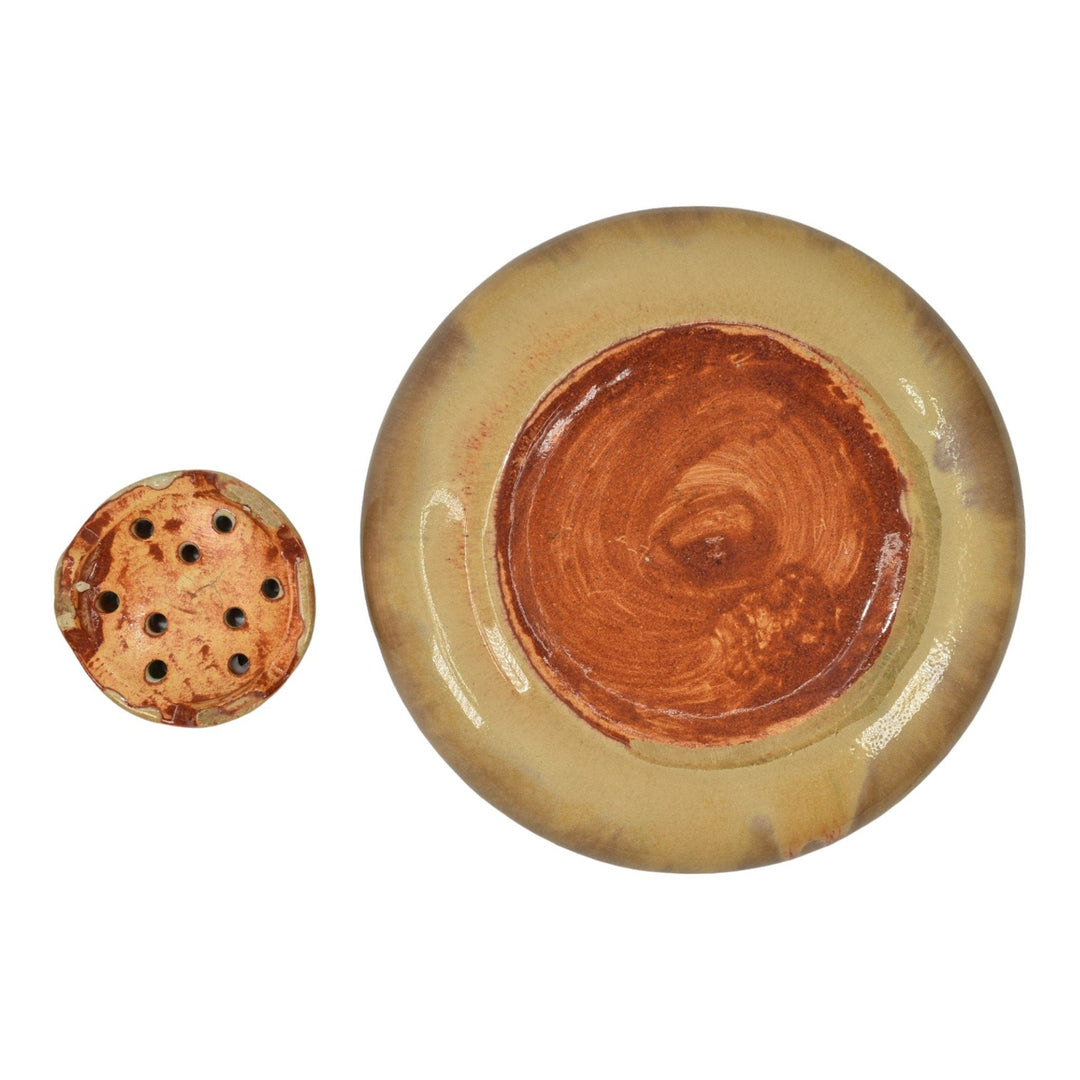 Muncie 1920s Vintage Art Deco Pottery Gloss Brown Ceramic Bowl And Flower Frog - Just Art Pottery