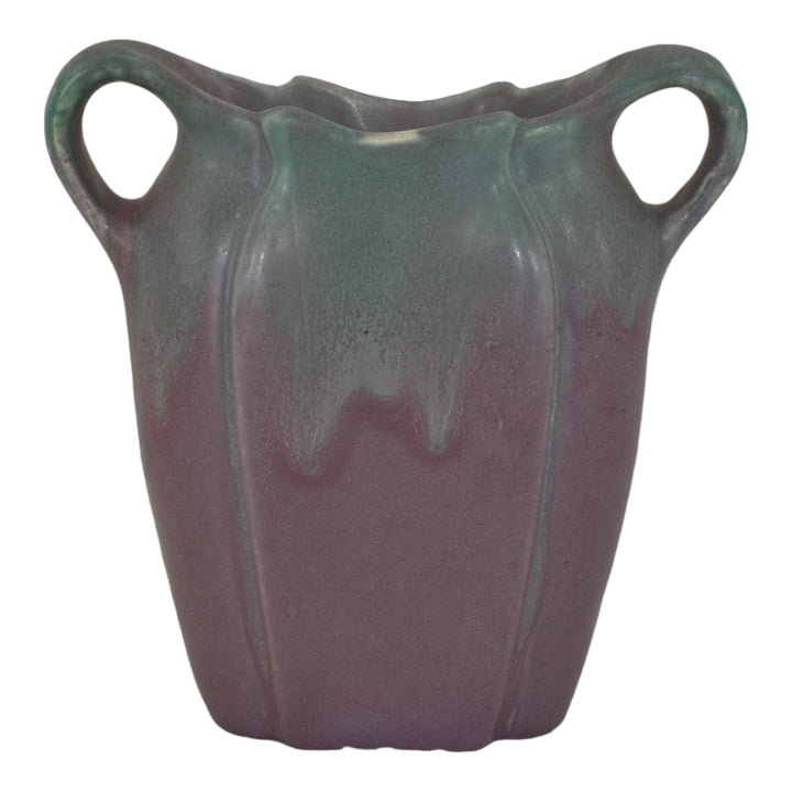 Muncie 1920s Art Deco Pottery Matte Green Over Purple Ceramic Handled Vase 192-6 - Just Art Pottery
