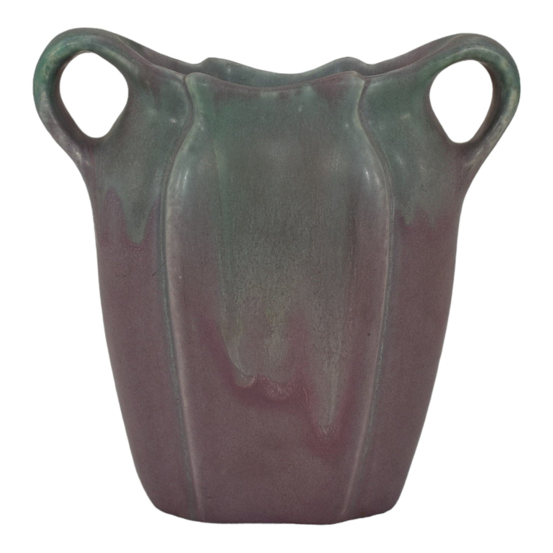 Muncie 1920s Art Deco Pottery Matte Green Over Purple Ceramic Handled Vase 192-6 - Just Art Pottery