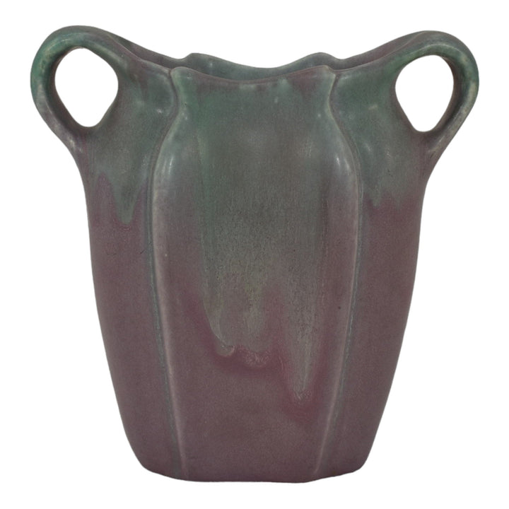 Muncie 1920s Art Deco Pottery Matte Green Over Purple Ceramic Handled Vase 192-6 - Just Art Pottery