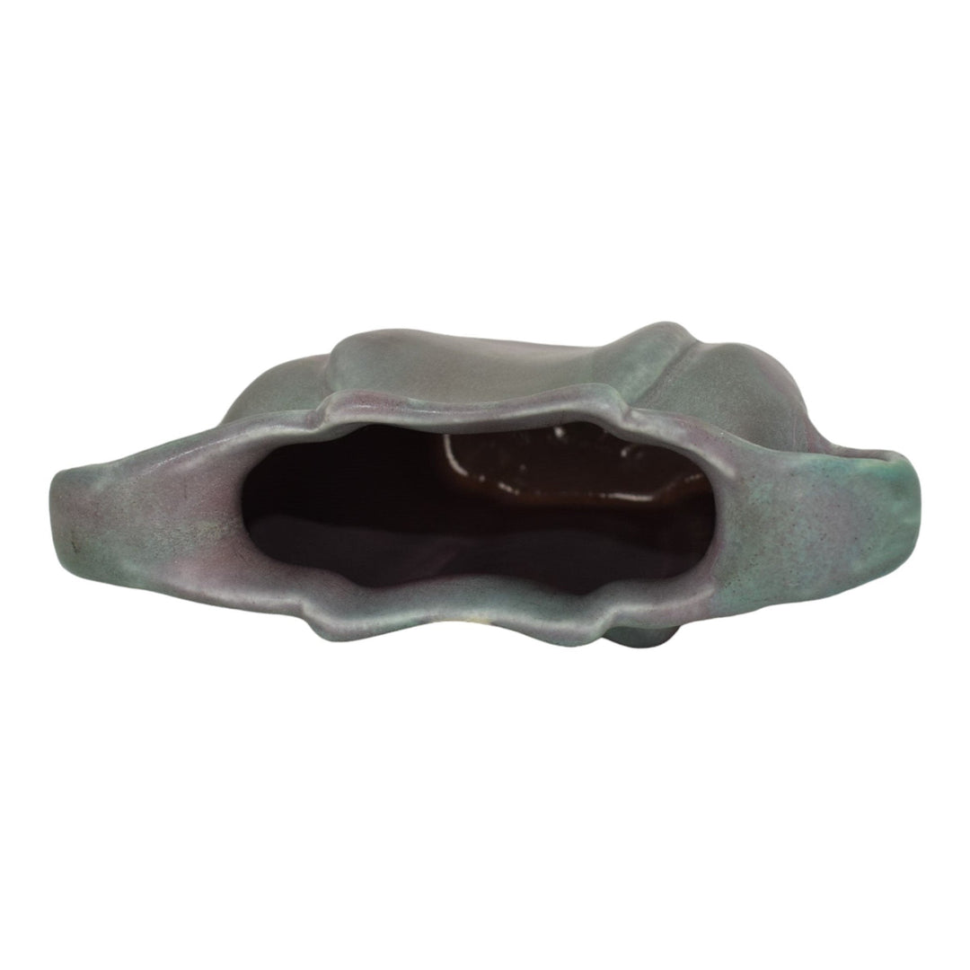 Muncie 1920s Art Deco Pottery Matte Green Over Purple Ceramic Handled Vase 192-6 - Just Art Pottery