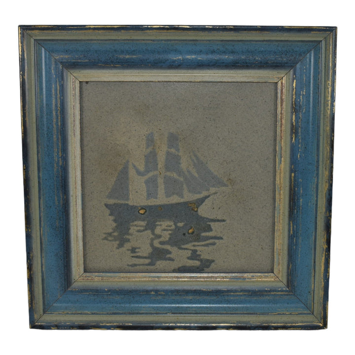 Marblehead Vintage Arts and Crafts Pottery Sailing Ship Gray Framed Ceramic Tile - Just Art Pottery