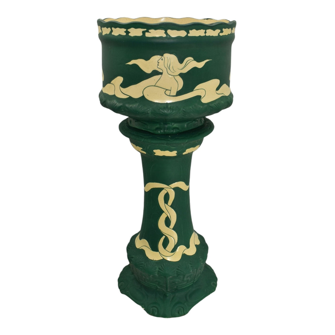 Brush McCoy Navarre Faience 1914 Pottery Green Ceramic Jardiniere Pedestal 2200 - Just Art Pottery